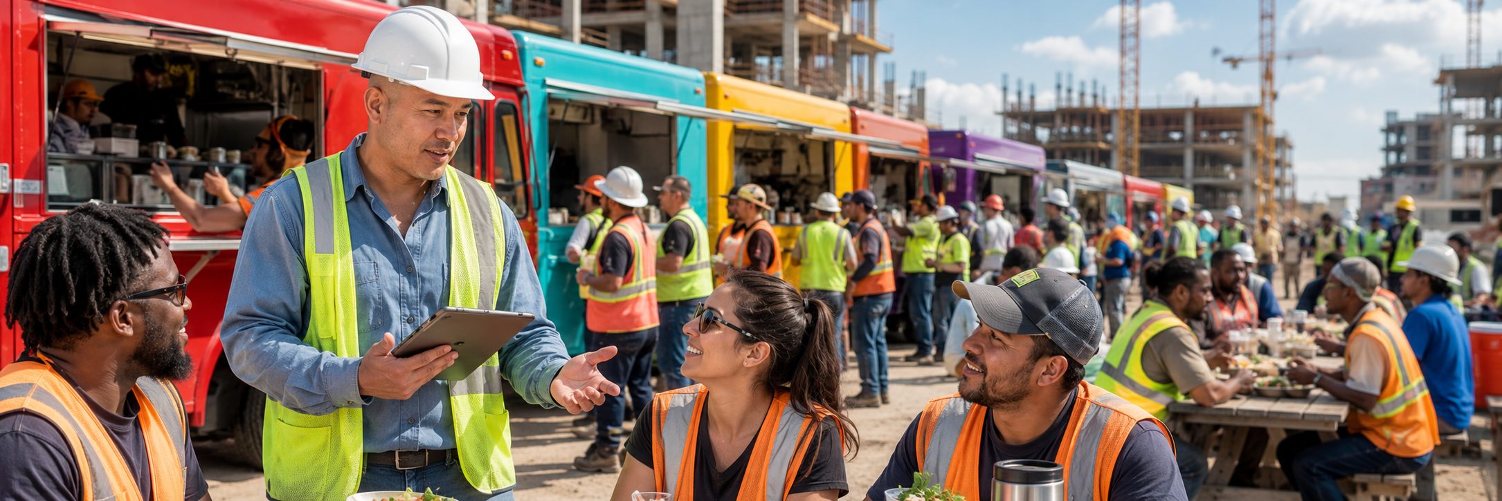 Food trucks serving lunch to construction workers on a high-rise job site