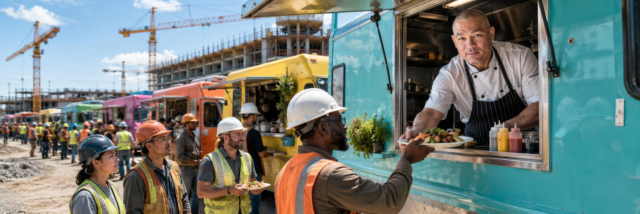 Food truck lunch service at a construction site | Job Site Route Food trucks serving lunch to construction workers on a high-rise job site