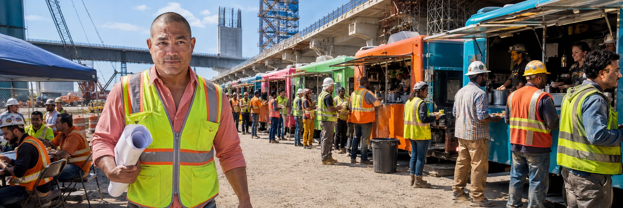 Food trucks serving lunch to construction workers on a high-rise job site