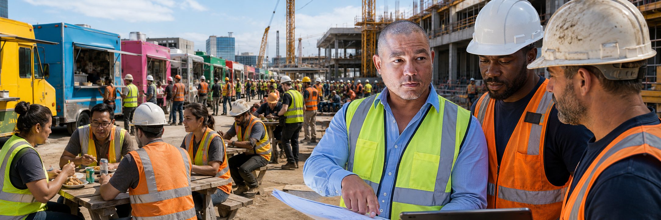 Food truck lunch service at a construction site | Job Site Route Food trucks serving lunch to construction workers on a high-rise job site