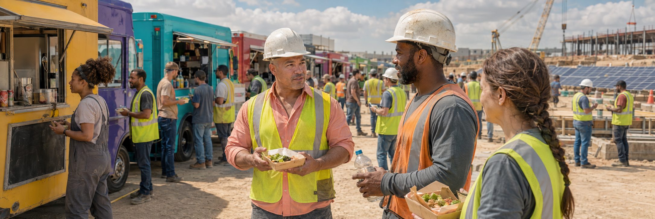 Food trucks serving lunch to construction workers on a high-rise job site