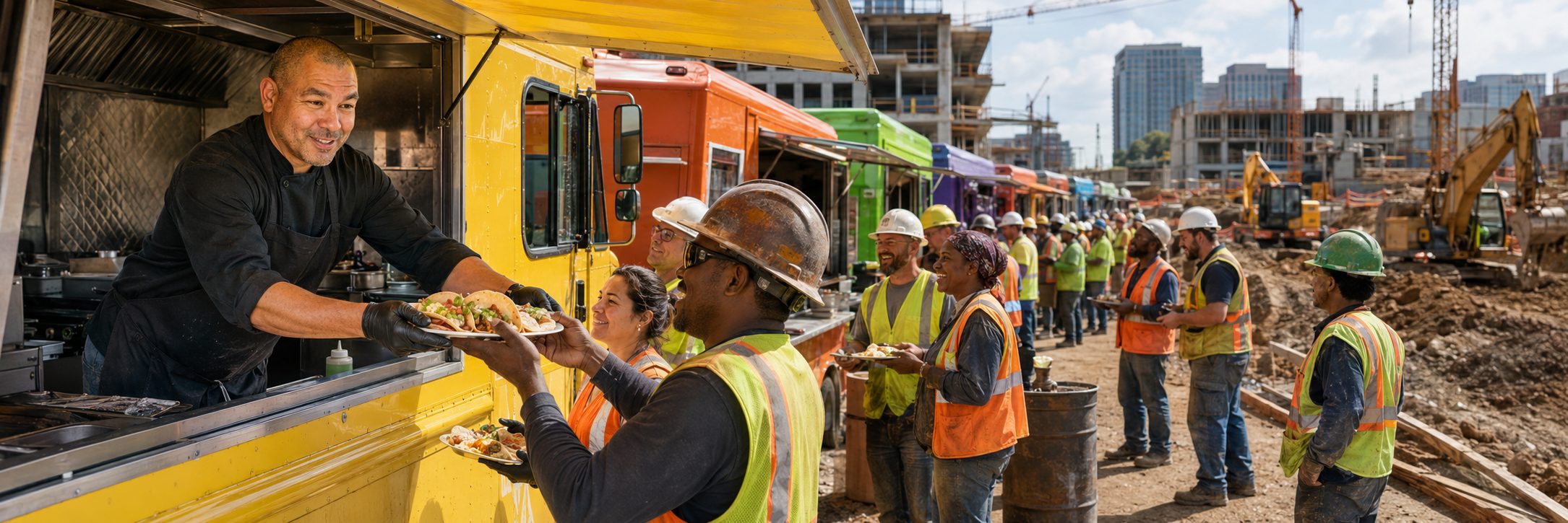 Food truck lunch service at a construction site | Job Site Route Food trucks serving lunch to construction workers on a high-rise job site