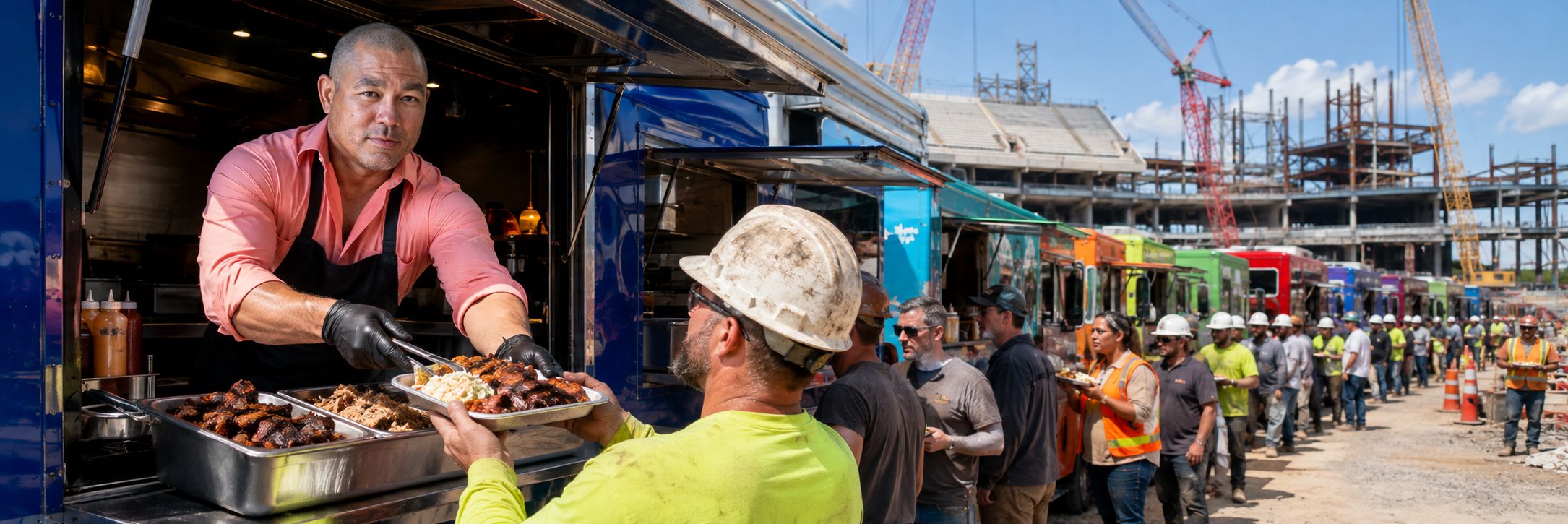 Food trucks serving lunch to construction workers on a high-rise job site