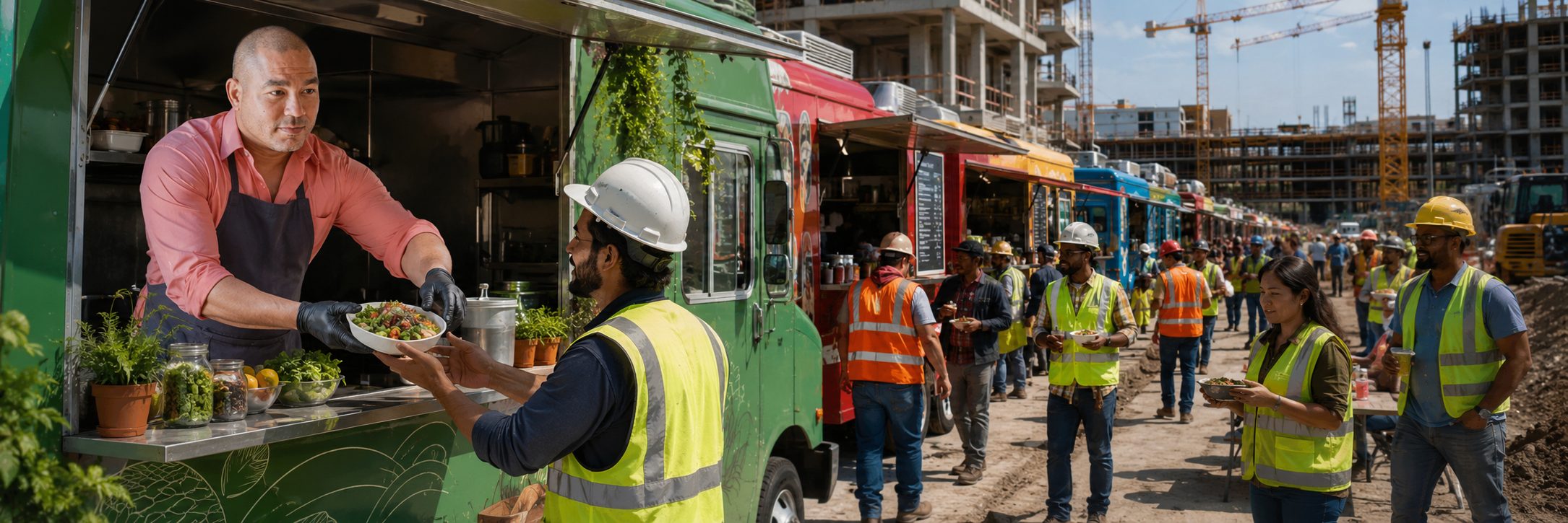 Food trucks serving lunch to construction workers on a high-rise job site