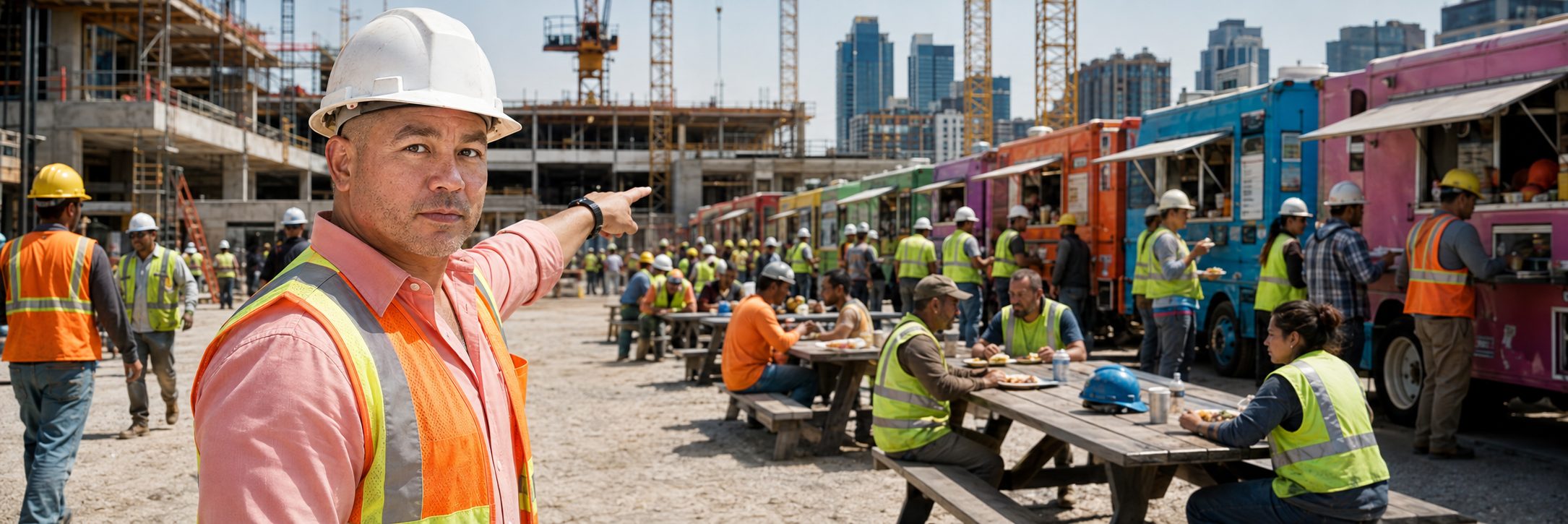 Food trucks serving lunch to construction workers on a high-rise job site