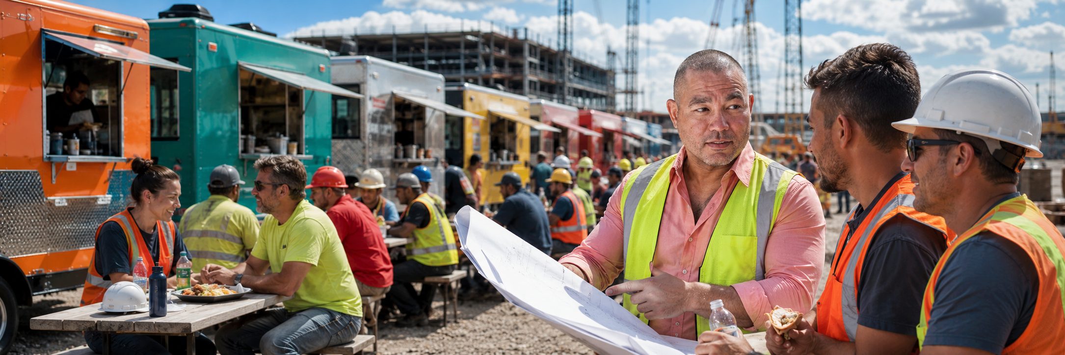 Food trucks serving lunch to construction workers on a high-rise job site