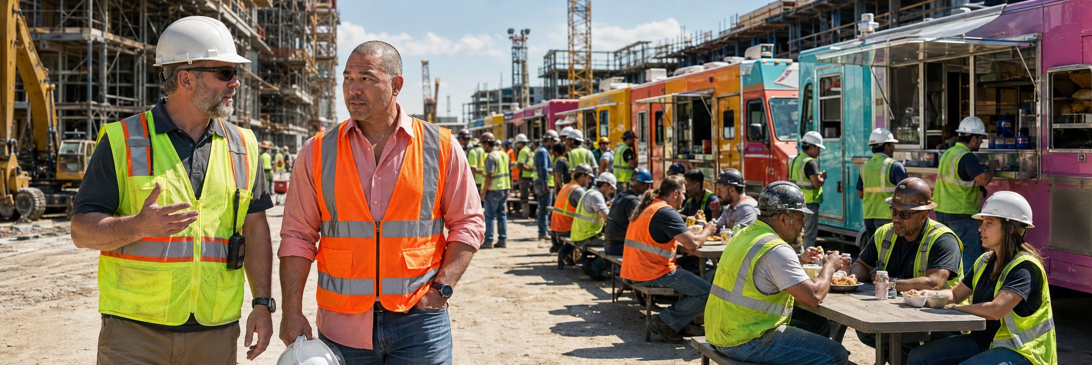 Food trucks serving lunch to construction workers on a high-rise job site