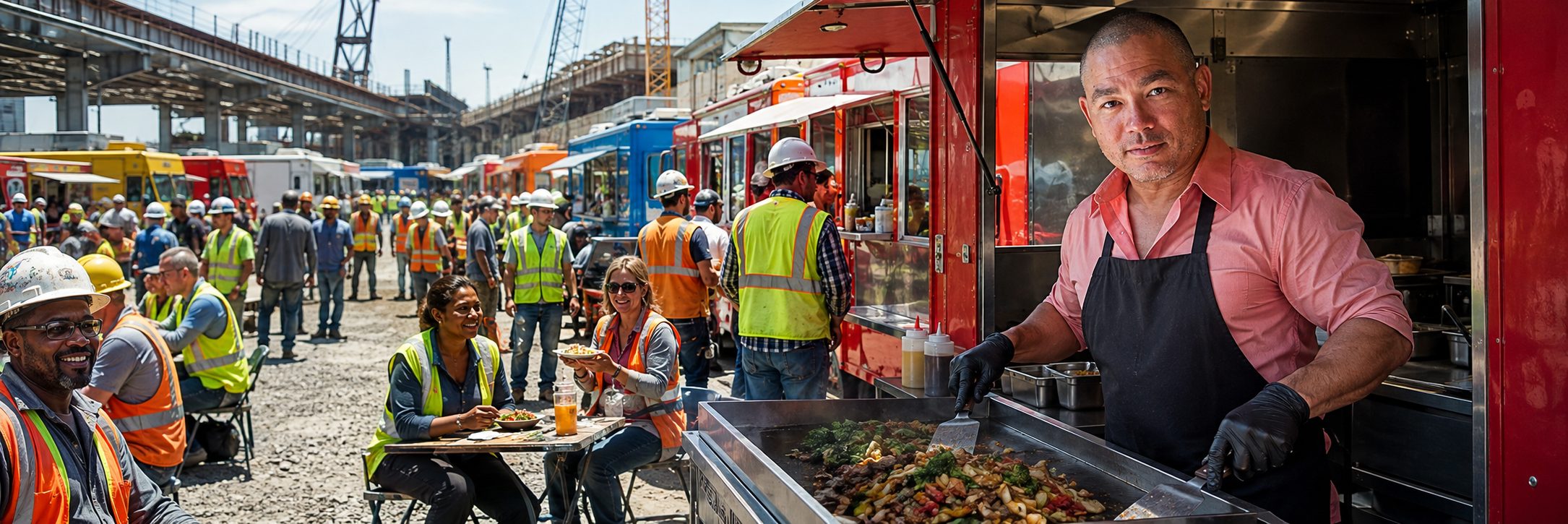 Food trucks serving lunch to construction workers on a high-rise job site