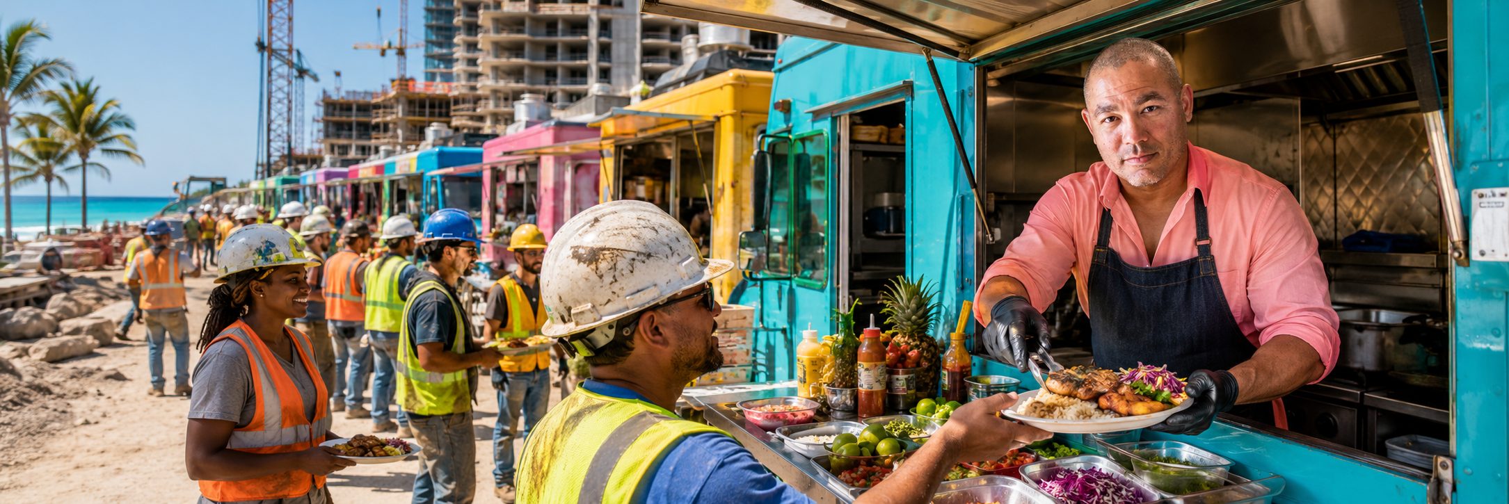 Food trucks serving lunch to construction workers on a high-rise job site