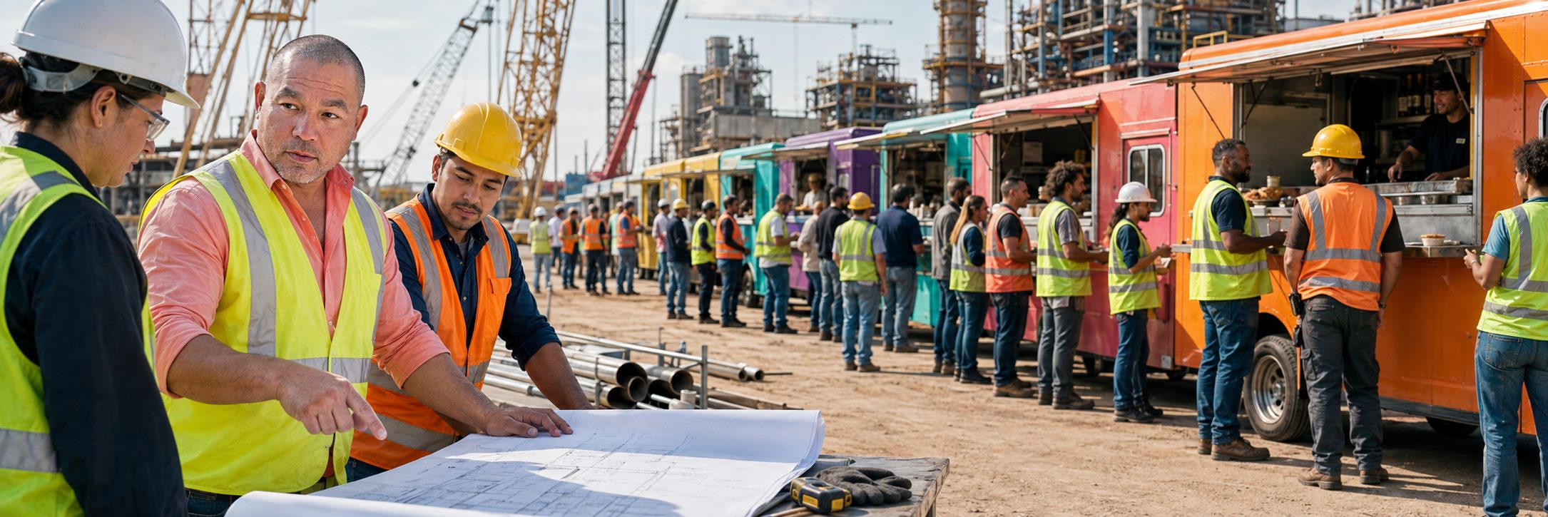 Food truck row at an industrial job site | Job Site Route Row of food trucks serving crews at an industrial refinery job site