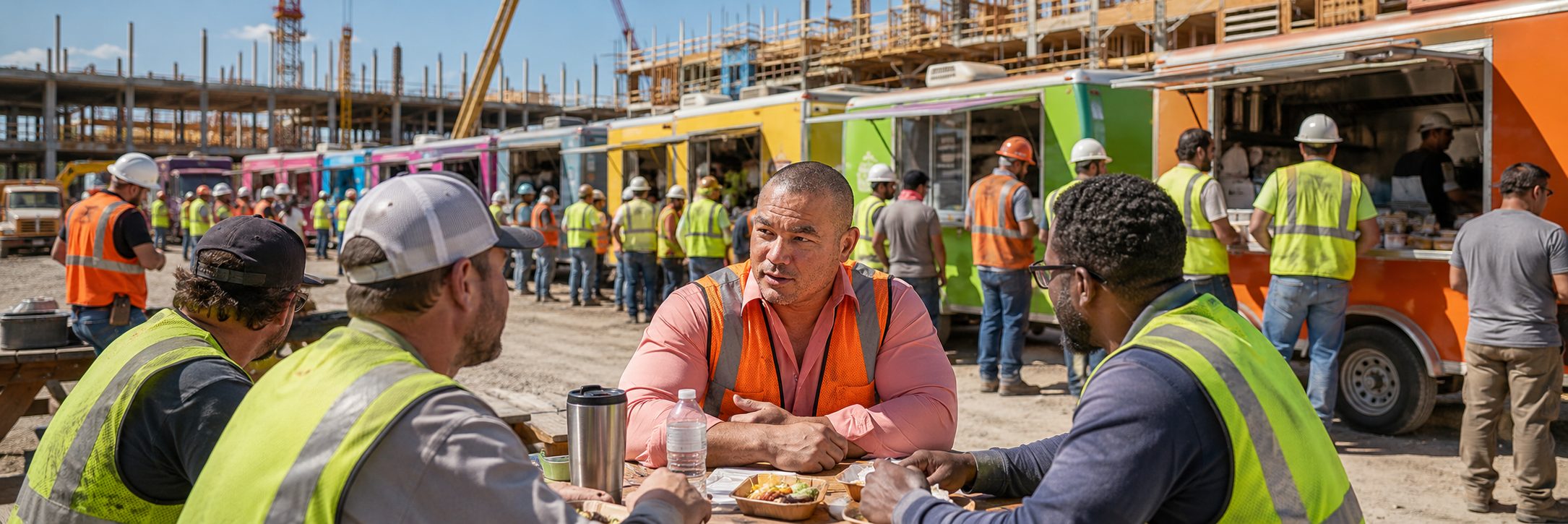 Row of food trucks serving crews at an industrial refinery job site