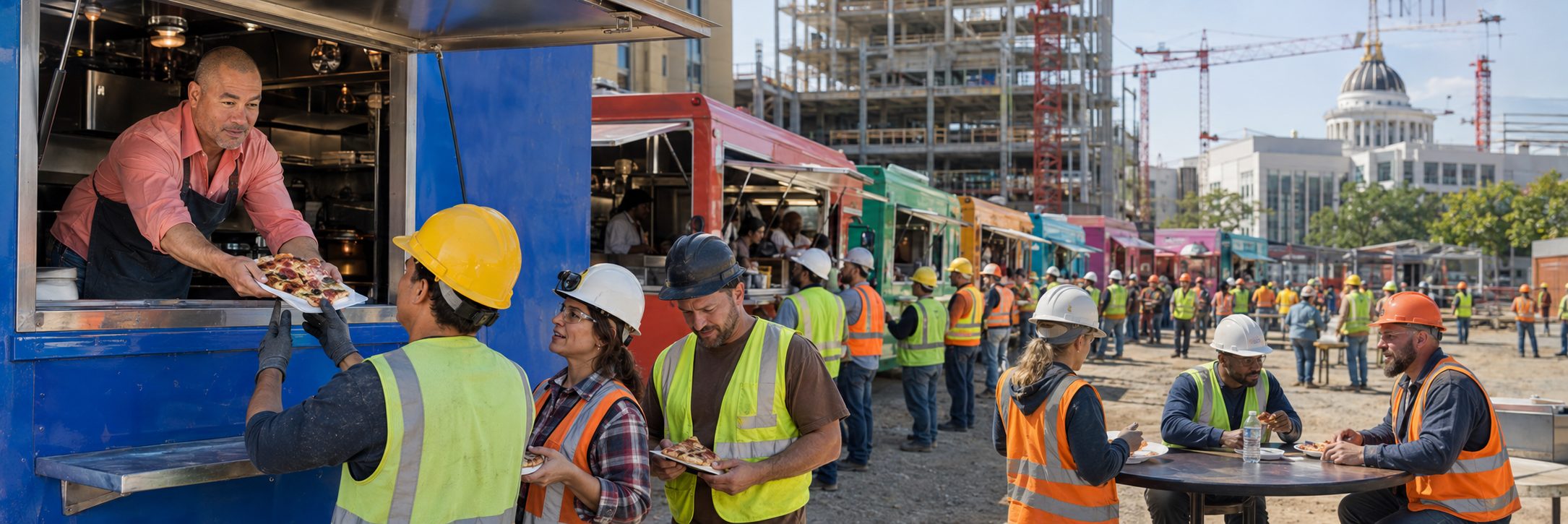 Row of food trucks serving crews at an industrial refinery job site