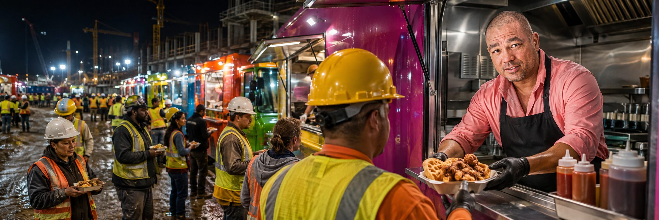Food truck row at an industrial job site | Job Site Route Row of food trucks serving crews at an industrial refinery job site