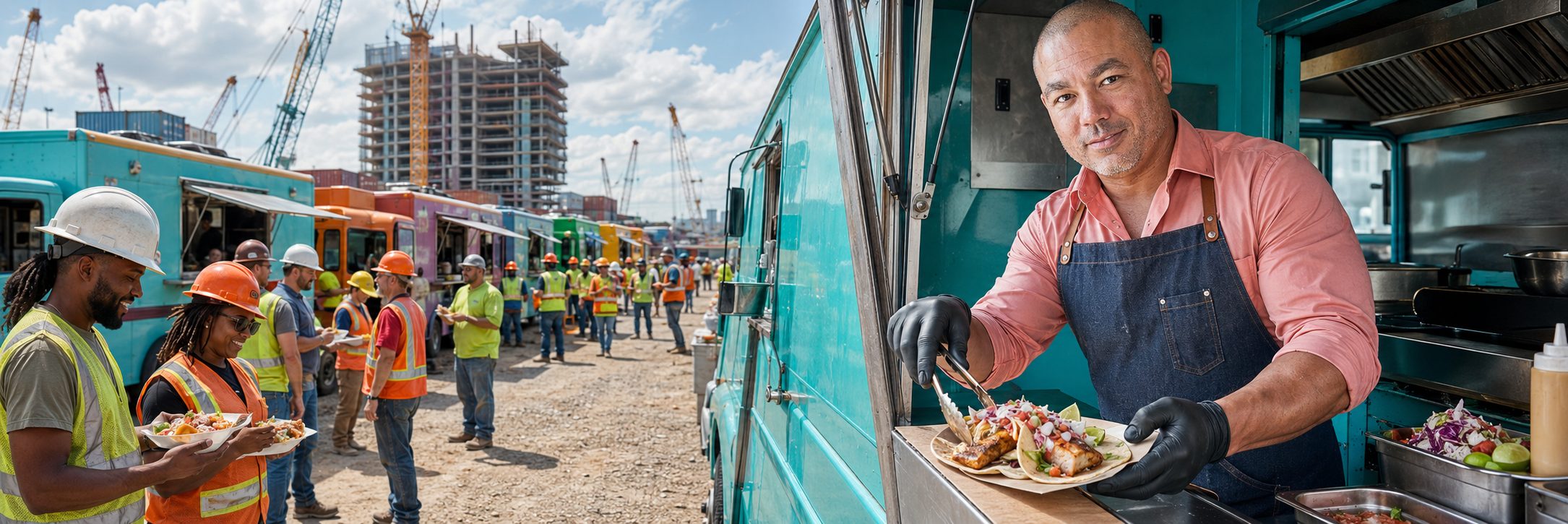 Row of food trucks serving crews at an industrial refinery job site