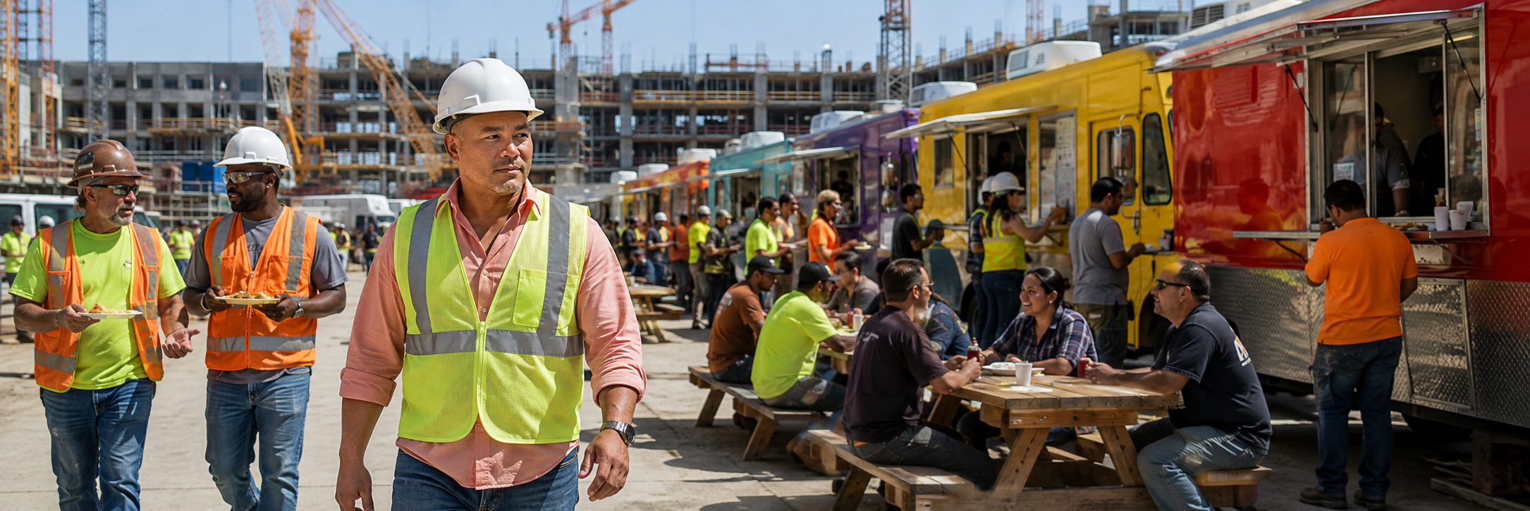Food truck row at an industrial job site | Job Site Route Row of food trucks serving crews at an industrial refinery job site