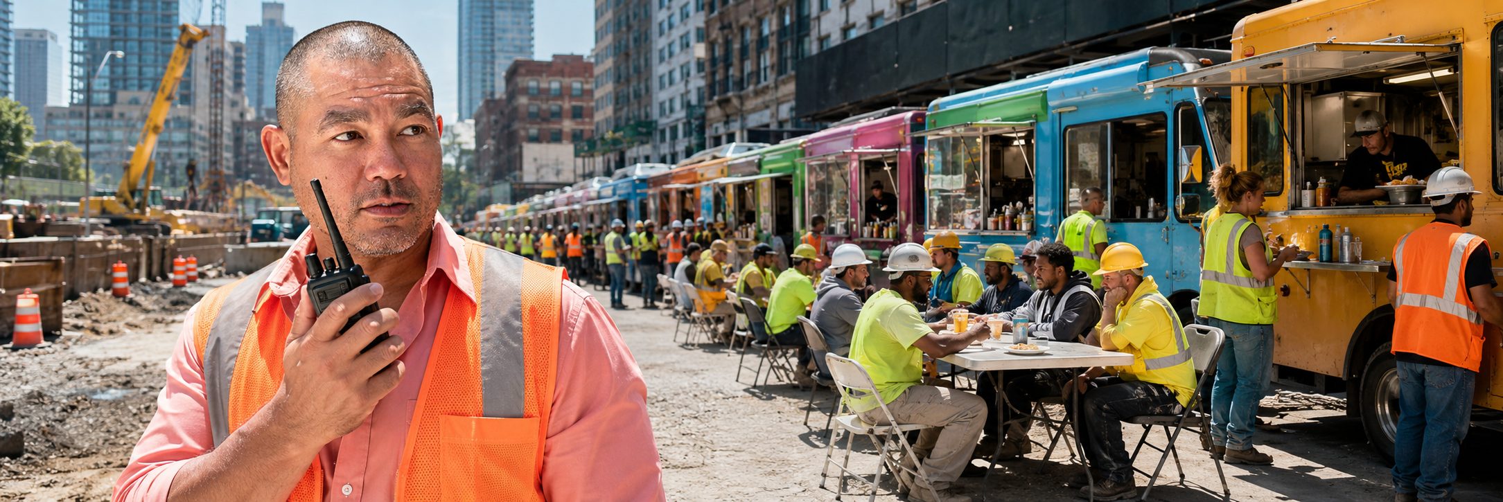 Row of food trucks serving crews at an industrial refinery job site