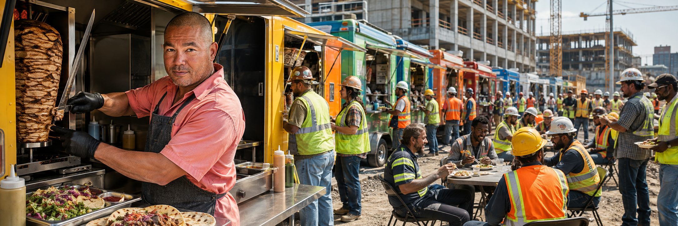 Row of food trucks serving crews at an industrial refinery job site