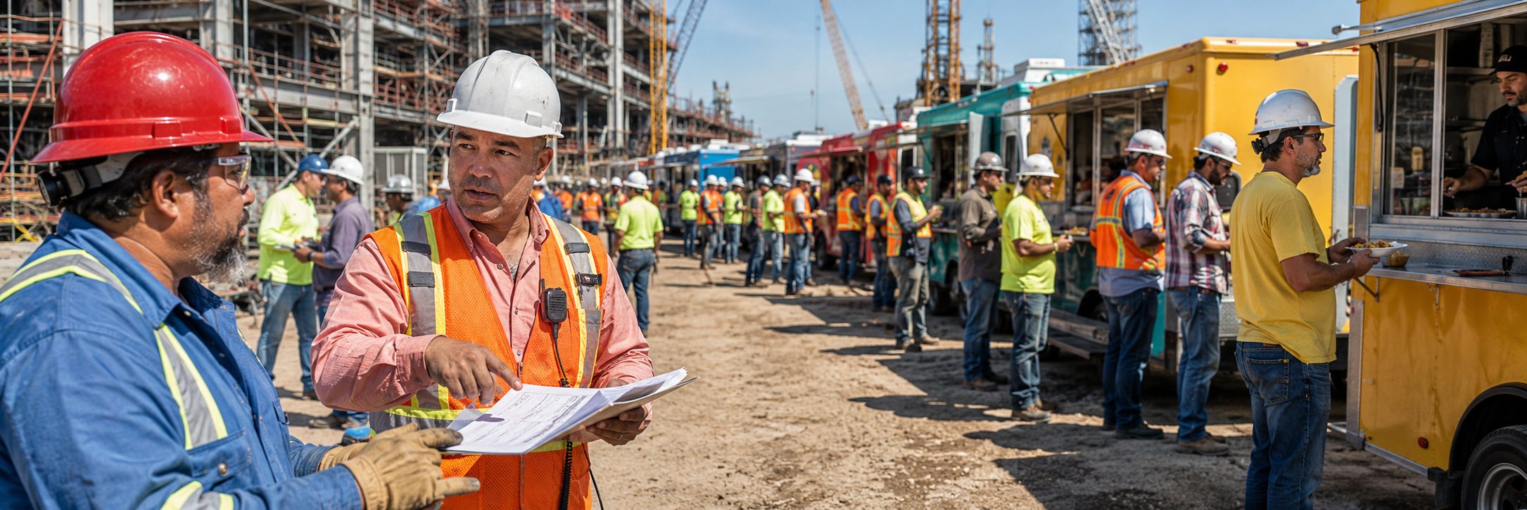 Row of food trucks serving crews at an industrial refinery job site