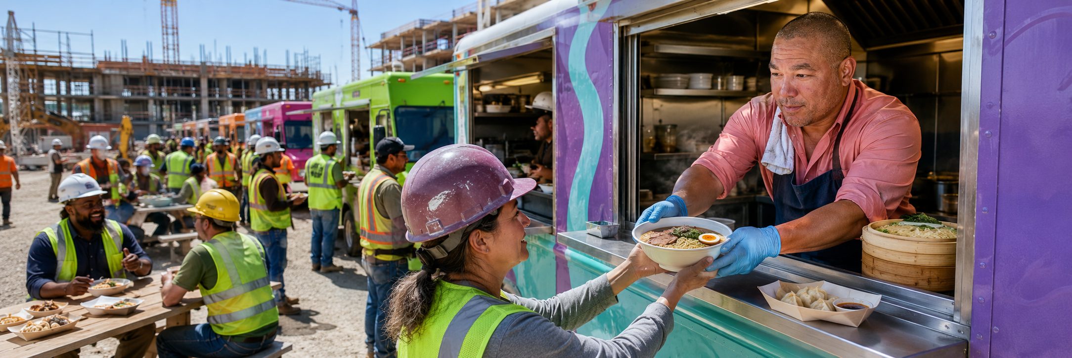 Row of food trucks serving crews at an industrial refinery job site