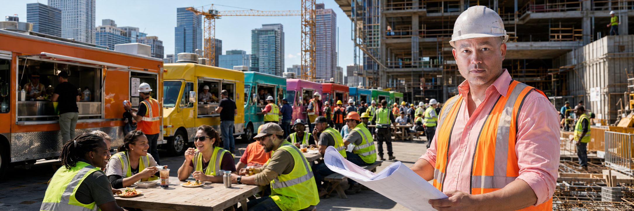 Food truck row at an industrial job site | Job Site Route Row of food trucks serving crews at an industrial refinery job site