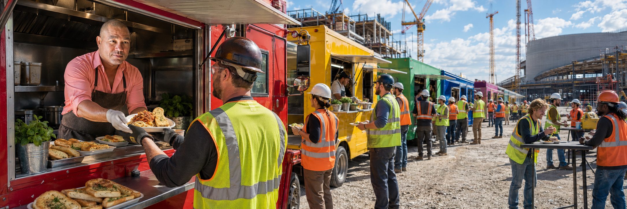 Row of food trucks serving crews at an industrial refinery job site
