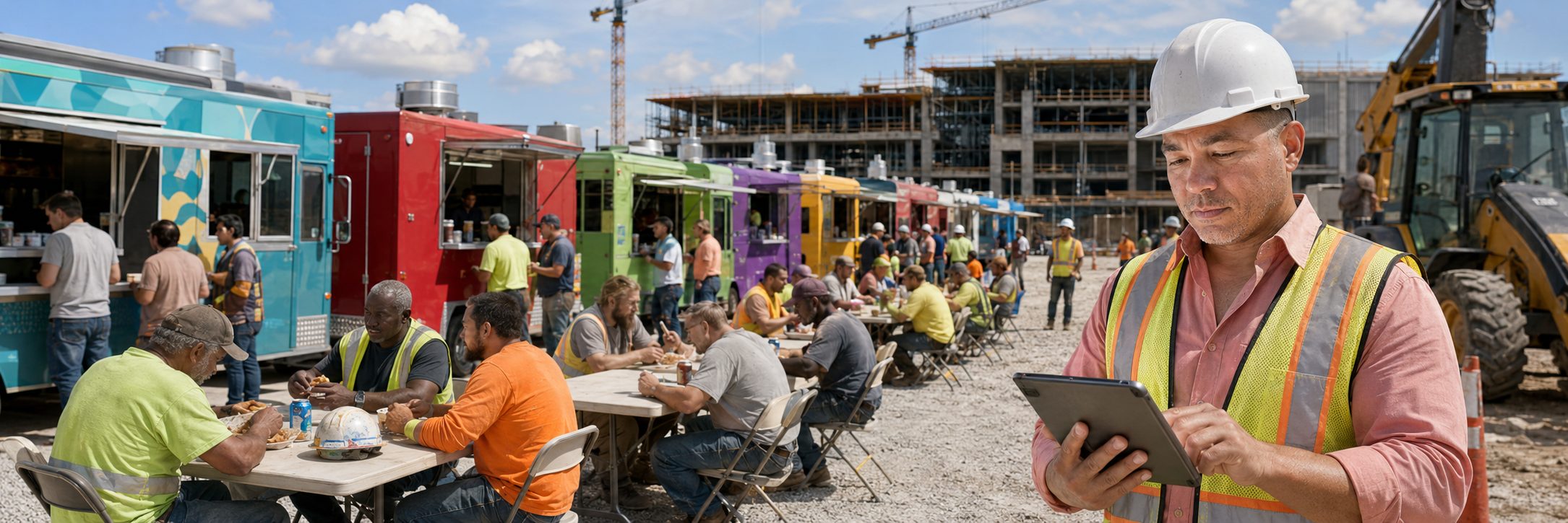 Row of food trucks serving crews at an industrial refinery job site
