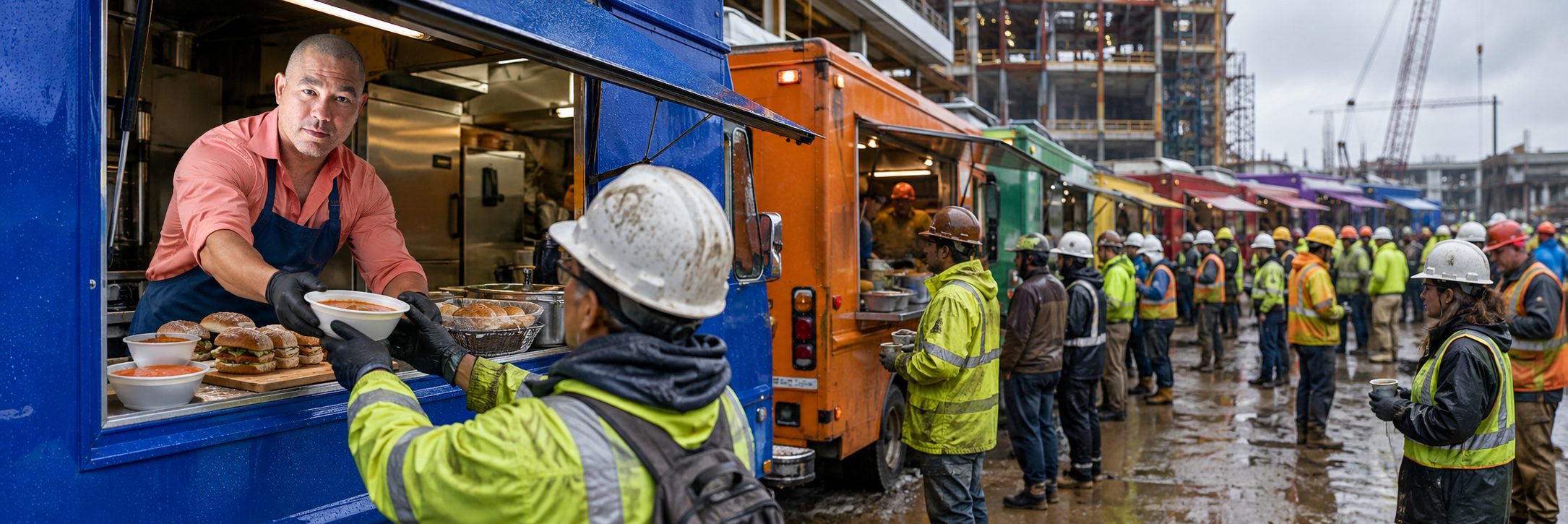 Food truck row at an industrial job site | Job Site Route Row of food trucks serving crews at an industrial refinery job site