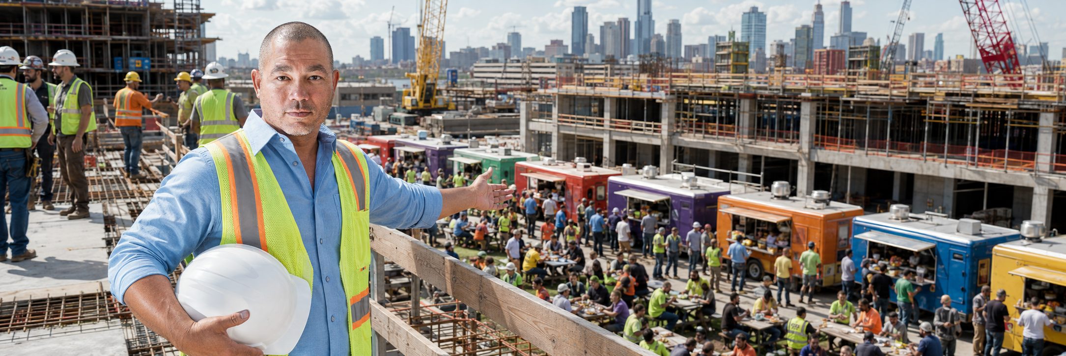 Food truck row at an industrial job site | Job Site Route Row of food trucks serving crews at an industrial refinery job site