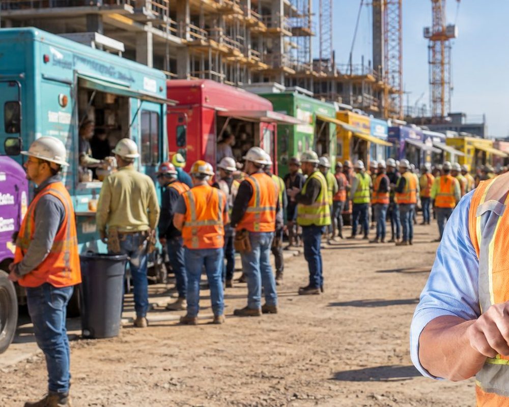 Browse Menus & Pre-Order — Food trucks serving lunch to construction workers on a high-rise job site