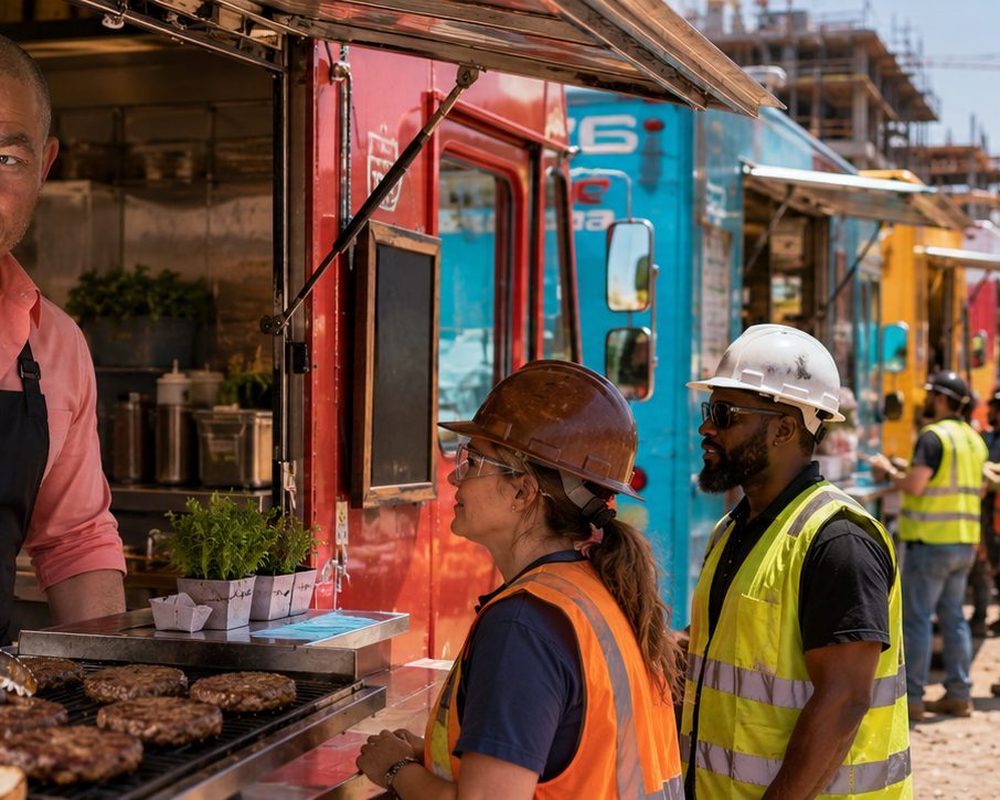 Contractors Post Job Sites — Food trucks serving lunch to construction workers on a high-rise job site