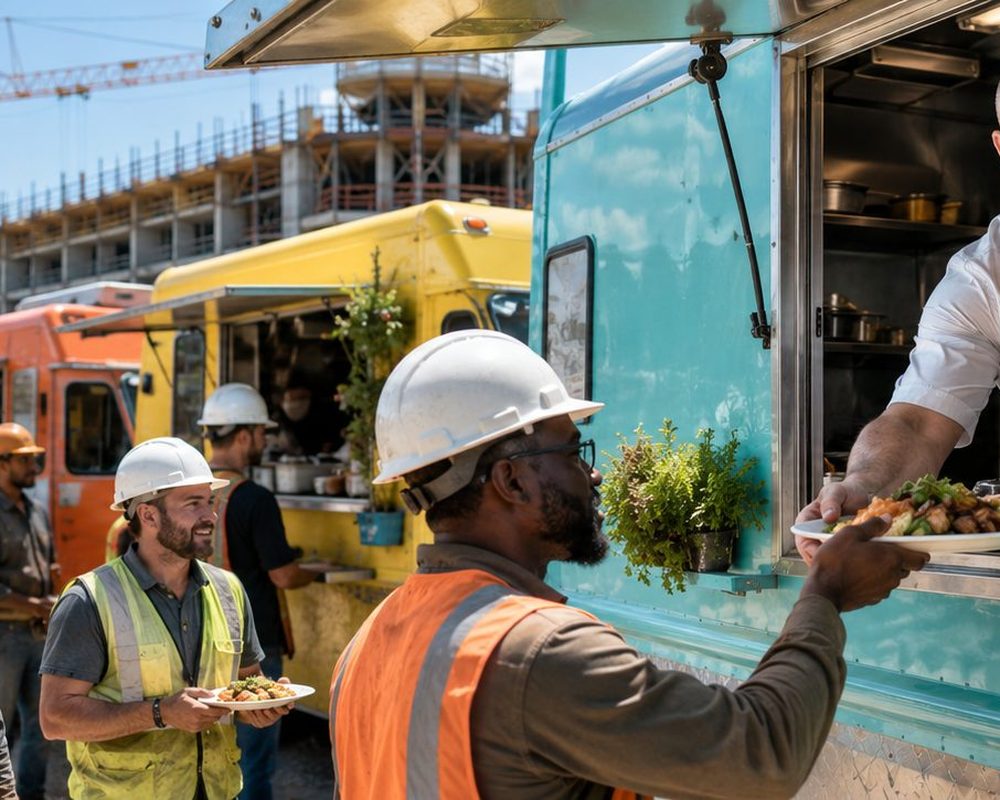 Optimized Delivery Routes — Food trucks serving lunch to construction workers on a high-rise job site