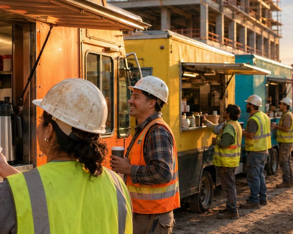 Publish Your Menu — Food trucks serving lunch to construction workers on a high-rise job site