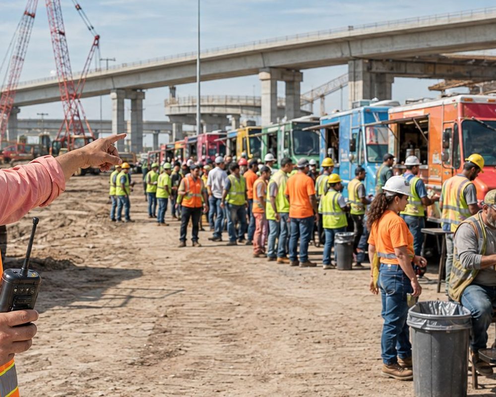 Real-Time Coordination — Food trucks serving lunch to construction workers on a high-rise job site