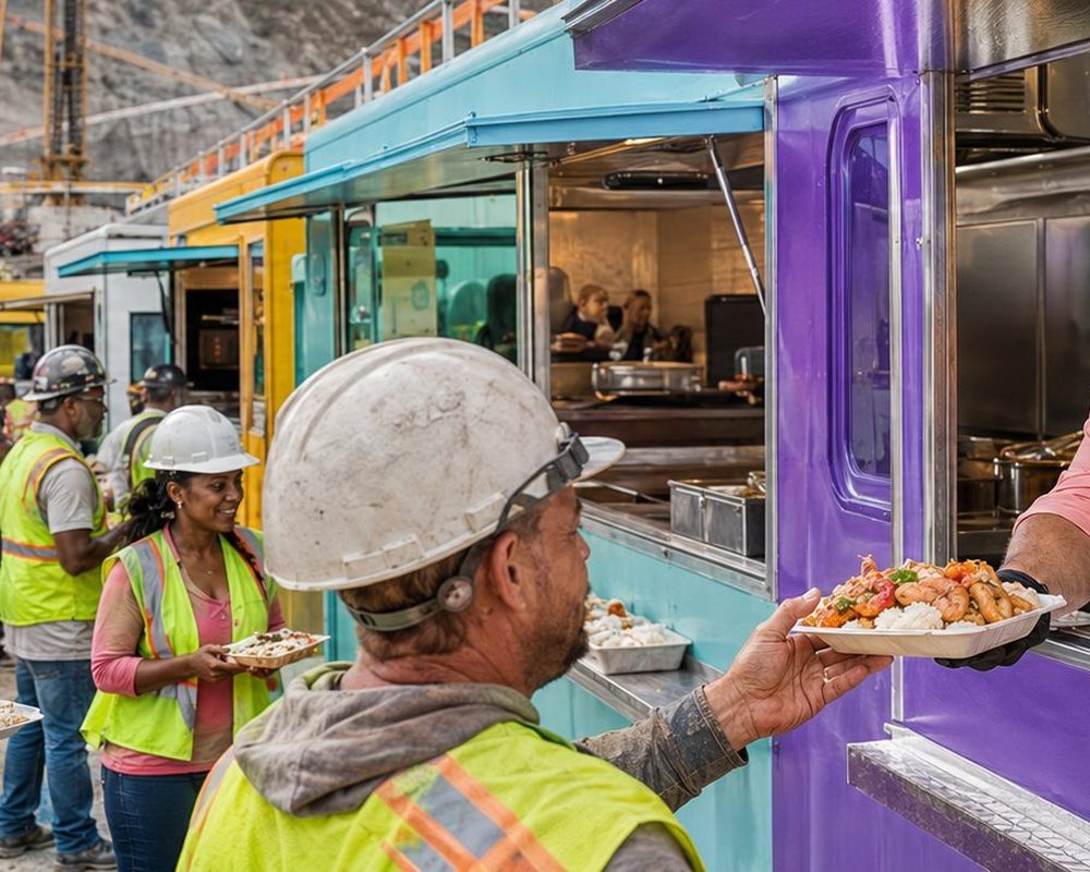 Secure In-App Payments — Food trucks serving lunch to construction workers on a high-rise job site