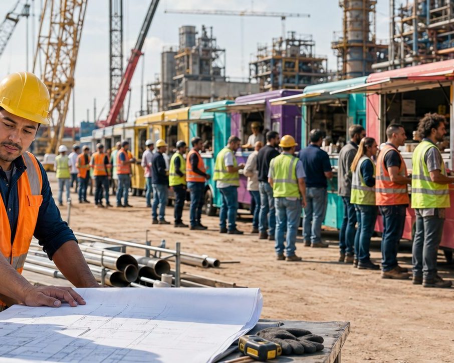 Food trucks catering crews at an industrial job site
