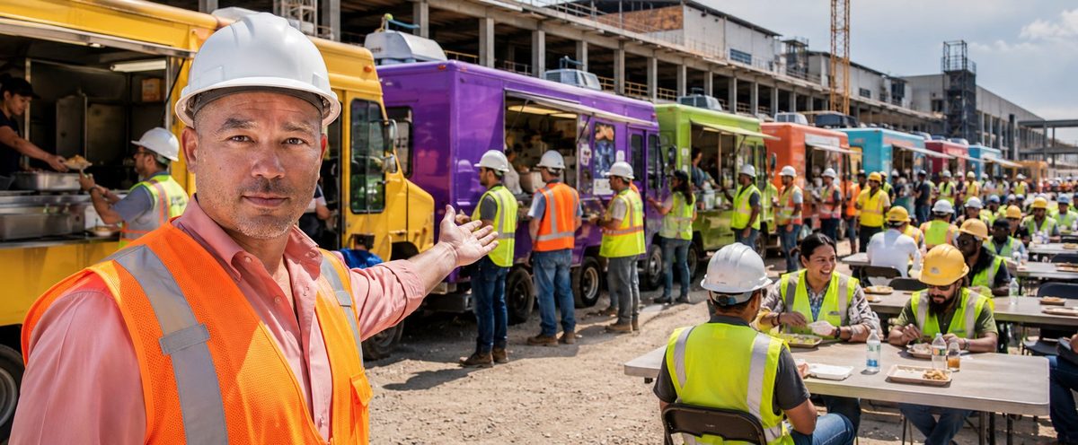Food truck catering for industrial sites | Job Site Route Food trucks catering crews at an industrial job site