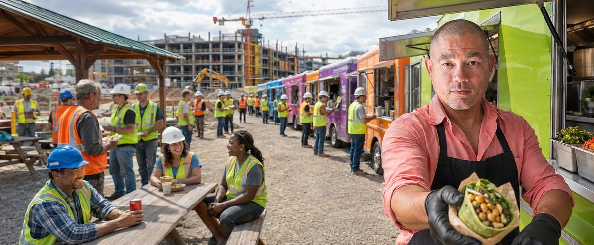 Food trucks catering crews at an industrial job site