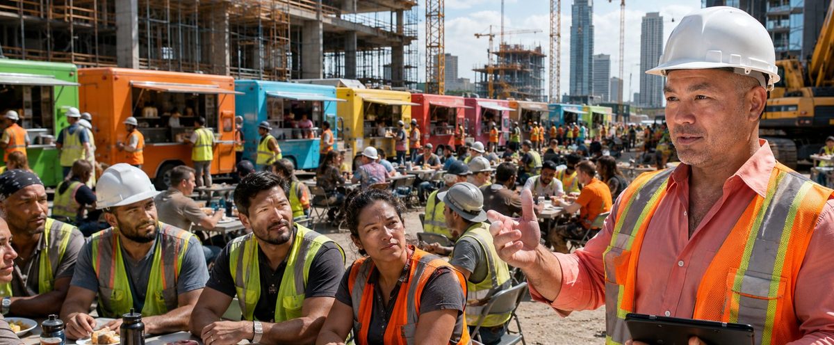 Food trucks catering crews at an industrial job site