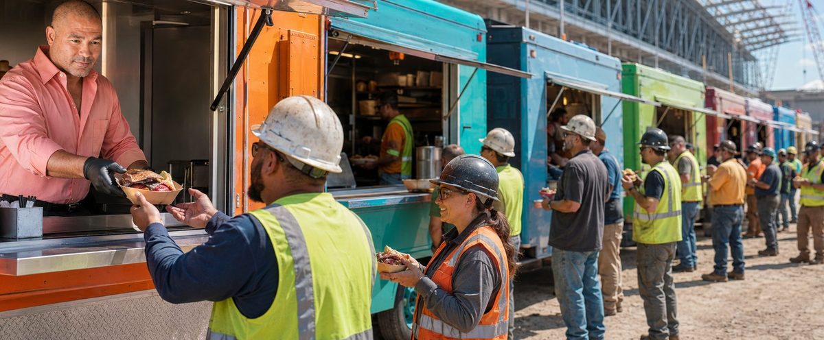 Food trucks catering crews at an industrial job site