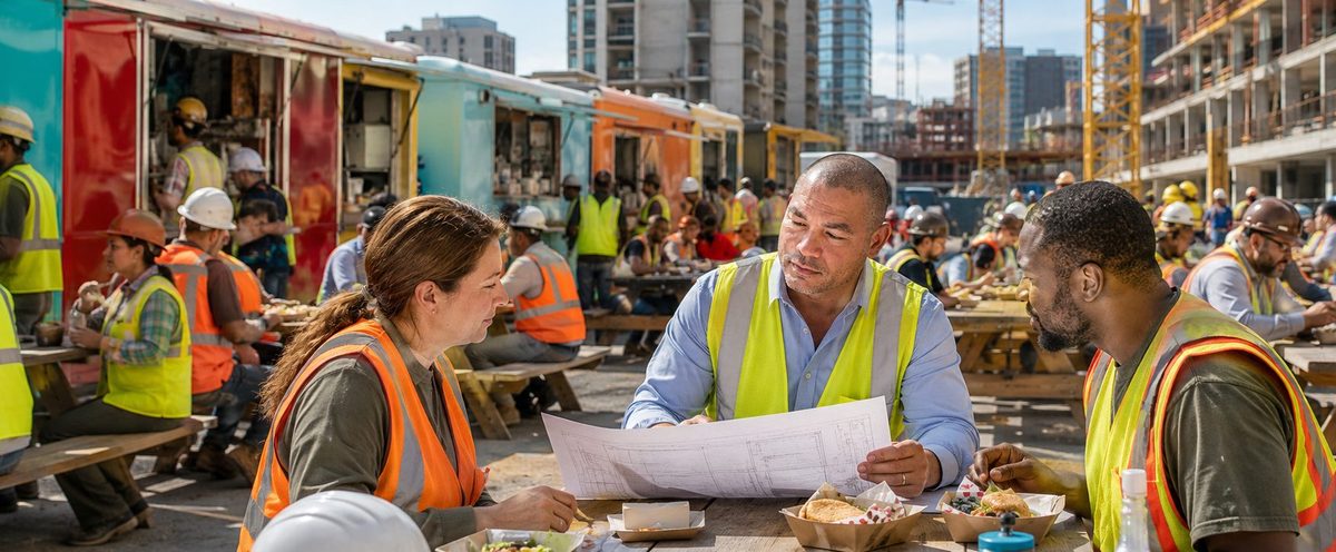 Food trucks catering crews at an industrial job site