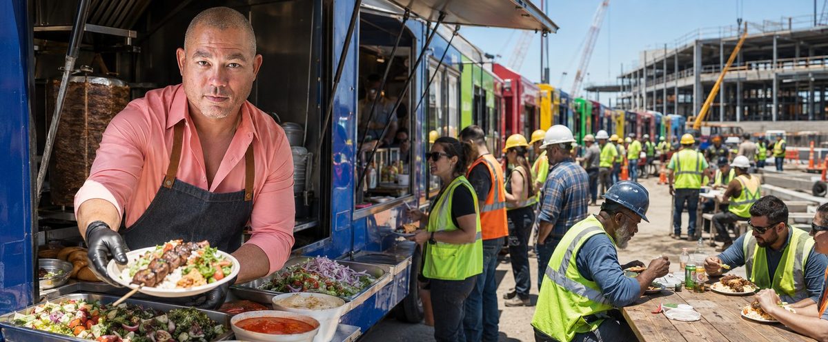 Food trucks catering crews at an industrial job site