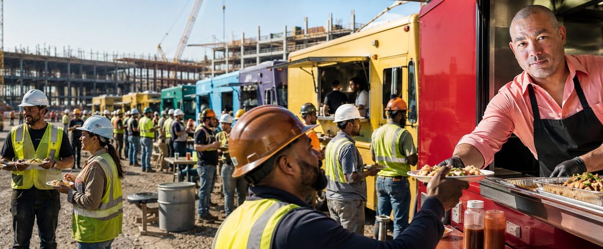 Food truck catering for industrial sites | Job Site Route Food trucks catering crews at an industrial job site