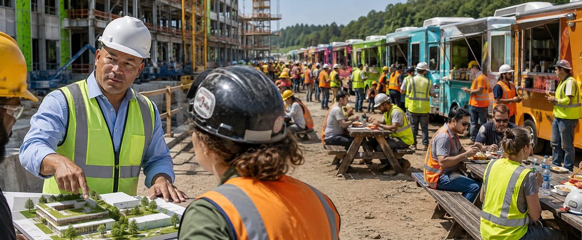Food truck catering for industrial sites | Job Site Route Food trucks catering crews at an industrial job site