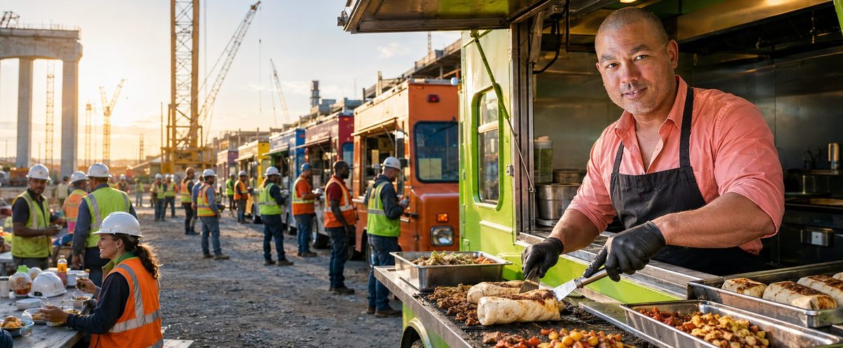 Food trucks catering crews at an industrial job site