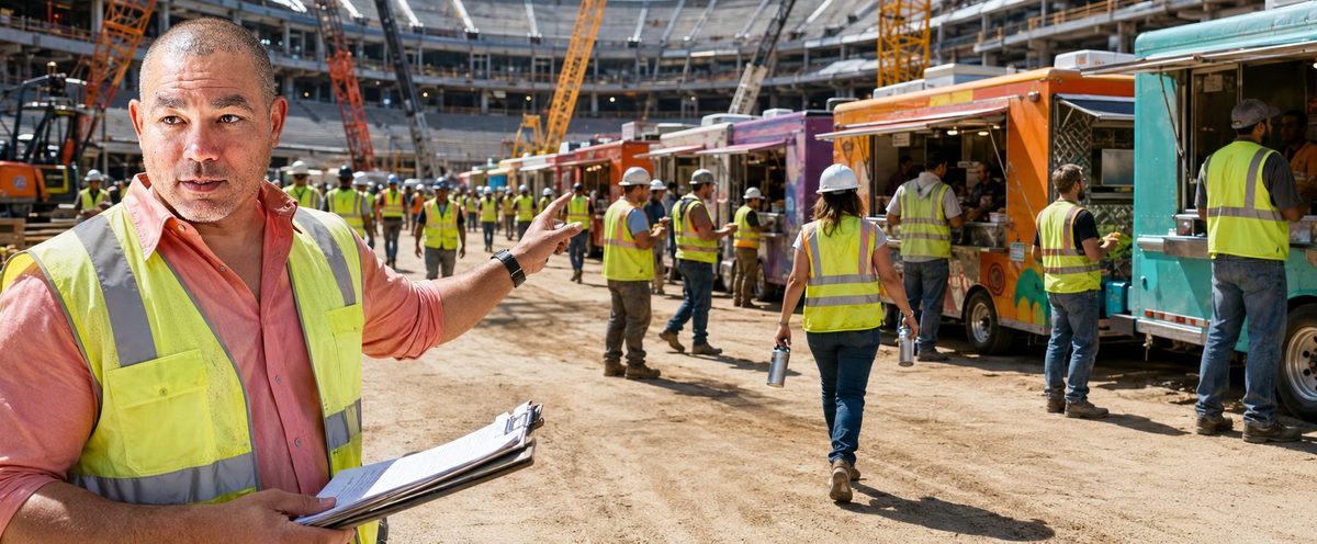 Food truck catering for industrial sites | Job Site Route Food trucks catering crews at an industrial job site
