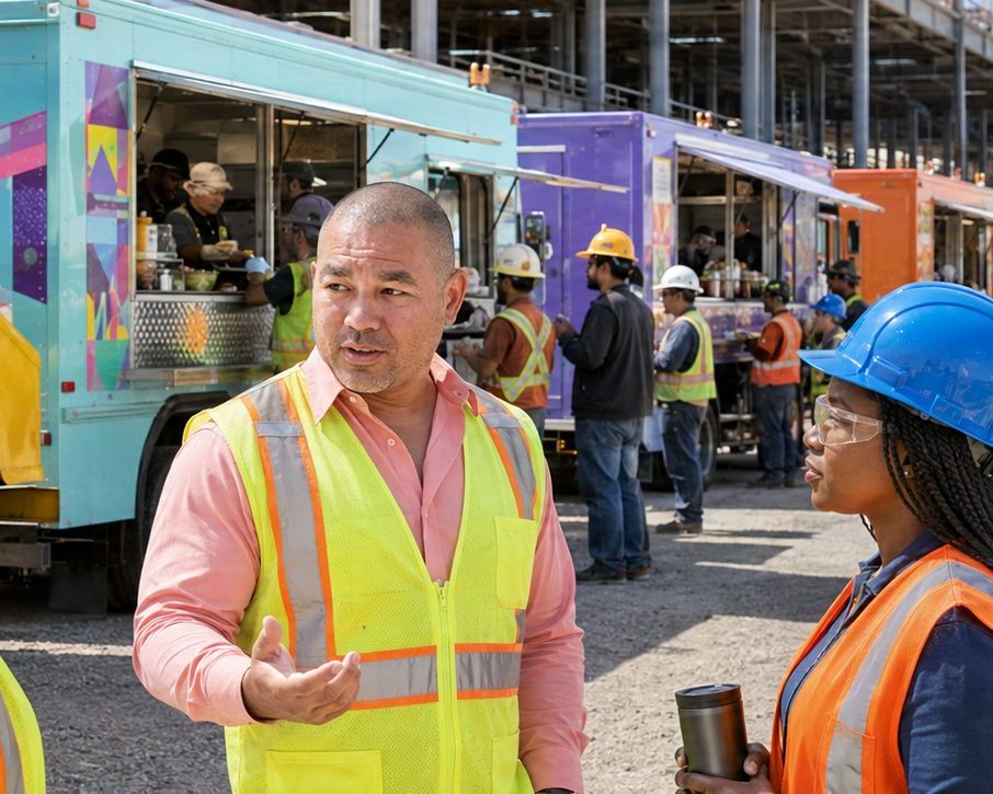 Food trucks catering crews at an industrial job site