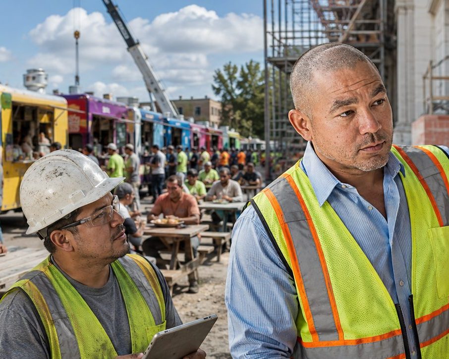 Food trucks catering crews at an industrial job site