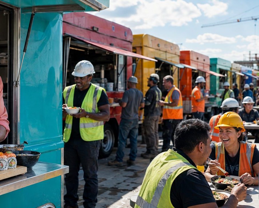 Food truck catering for industrial sites | Job Site Route Food trucks catering crews at an industrial job site