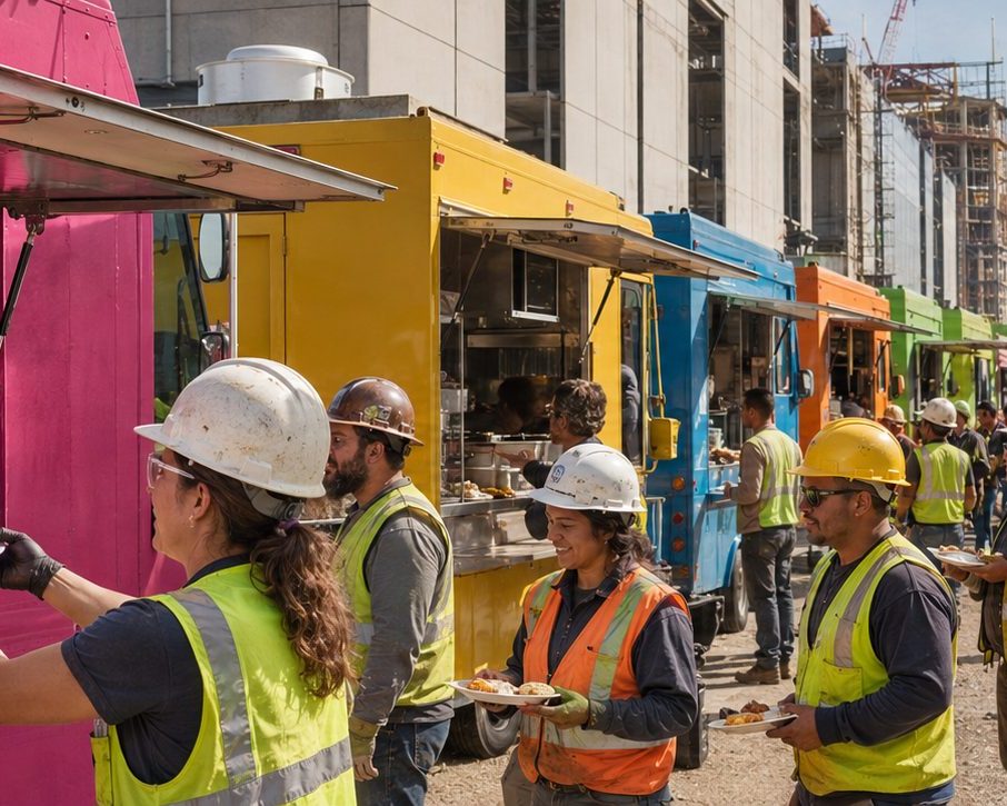 Food truck catering for industrial sites | Job Site Route Food trucks catering crews at an industrial job site