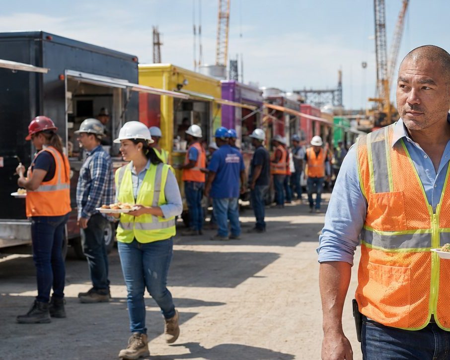 Food truck catering for industrial sites | Job Site Route Food trucks catering crews at an industrial job site